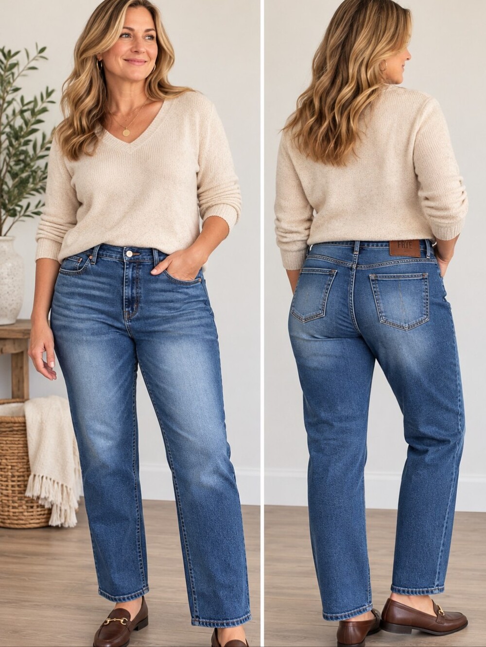 FRYE Size 16 Medium Wash Whiskered High-Rise Straight Leg Denim Jeans-28" Inseam